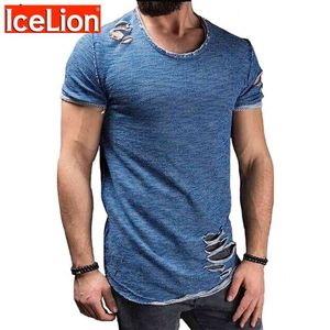 Icelion Summer Cotton T Shirt Mężczyźni Moda Dziura Krótki Rękaw Koszulka Solid Slim Fit O Neck Tops Casual Tshirt Drop 210726