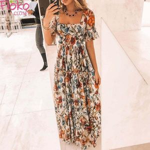 Casual Dresses Flokocloset Summer Bohemian Print Maxi Dress for Women 2021 Square Collar Design Short Sleeve Party Long Sundress