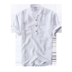 Camisa de T oversized para homens de manga curta de algodão linho branco Tee solto casual mandarim colar sólido 5xl roupas 210601