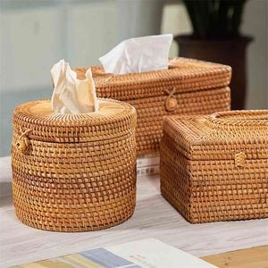 Round Rattan Tissue Box Vine Roll Holder Toilet Paper Cover Dispenser for Home Drop 210818