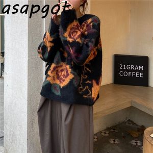 Sweaters&Jumpers O Neck Puff Long Sleeve Black Floral Pullovers Knitted Tops Korean Chic Fashion Vintage Pull Femme Clothing 210429