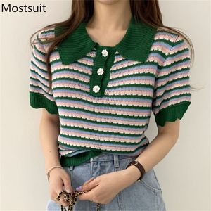 여름 줄무늬 니트 스웨터 니트 여성 짧은 소매 턴 다운 칼라 버튼 풀오버 탑 한국 빈티지 패션 점퍼 210514