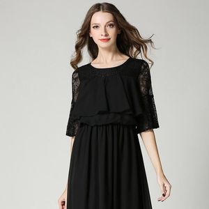 Casual jurken de Japanse lente meisje kant stiksels middelste mouw grote swing klassieke slanke sfeer zwarte jurk