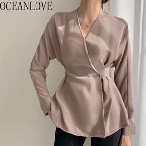 Bandage Women Shirts Spring Ol Arbete Mode Chic Blouses V Neck Vintage Slim Blusas Mujer Elegant 15522 210415