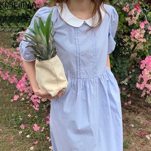 Korejpaa Women Dress Korean Fashion Chic Summer French Simple Elegant Doll Collared High-waisted Bubble Sleeves Vestido 210526