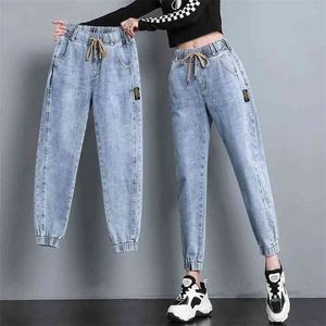 Elastisk midja harem jeans byxa stor storlek vår höst denim casual stretch vintage ankel längd 3xl 210809