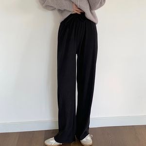 Chic Örme Elastik-Bel Kadın Rahat Pantolon Gevşek OL Zarif Yüksek Bel Katı Kadın Düz Pantolon 210421