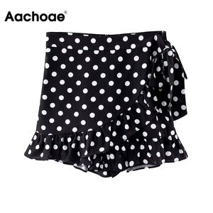 Aachoae Lady Polka Dot Shorts Summer Ruffles Chic Short Pants Women Bow Towt Back Zipper Casual Female Ropa de Mujer 210413