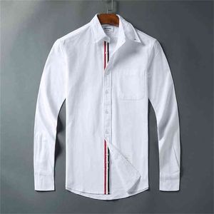 Mode Märke T-shirts Män Slim White Långärmad Casual Shirt Slå ner Krage Oxford Striped Solid Herrkläder 210626