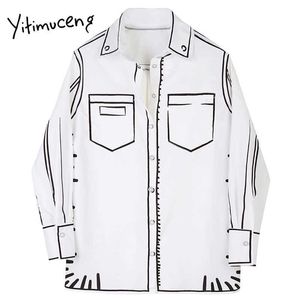 Yitimuceng Vintage Print Blouse Women Solid White Shirts Loose Spring Turn-down Collar Long Sleeve Office Lady Tops 210601