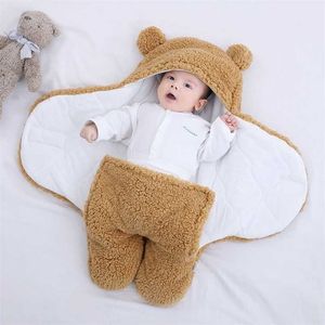 Niedliche geborene Baby-Jungen-Mädchen-Decken, Plüsch-Wickeltuch, ultraweicher, flauschiger Fleece-Schlafsack, weiche Baumwolle, Bettwäsche, Babysachen 211029