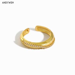 Andywen 925 Sterling Silver Gold Twist Zircon CZ Ring Resizable Adjutsable Rings Donna Fashion Fine Jewelry Wedding Jewels 210608