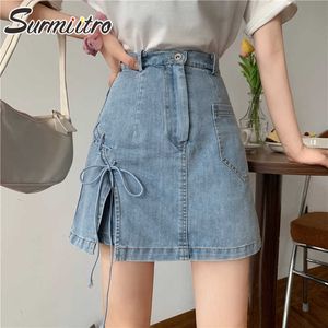 Surmiitro Sommar Fashion Shorts Kjolar Kvinnor Koreansk stil Lace Up Side Slit Blue High Waist Kvinna En Linje Skirt 210712