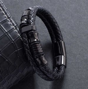 Mäns smycken svart rostfritt stål lås armband mode bangle punk vävt läder sladd armband Q0719