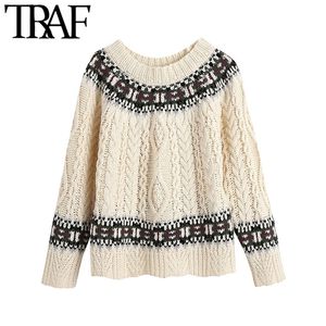 TRAF Moda Fashion Patchwork Jacquard Cable-Knit Camisola Vintage O Neck Manga Longa Fêmea Fêmea Chique Tops 210415