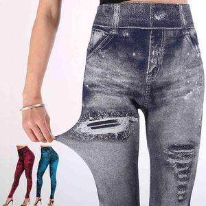 Kvinnors imitation Jeans Yoga Pants Stretchable Slim Fitness Leggings Denim Jeans Hips Tights Sports Pencil Pants Casual H1221