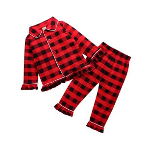 6M-5Y Christmas Toddler Kid Girls Pigiama Set Red Plaid Ruffles Top manica lunga Pantaloni Bambini Sleepwear Autunno Primavera 210515