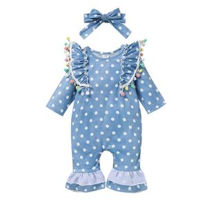 2 pezzi neonate vestiti pagliaccetto outfit dot stampa peluche decorazione palla pizzo manica lunga colletto tondo tuta svasata + copricapo G220223