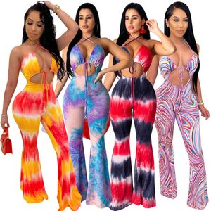 Sexy Women Jumpsuits Nova Tie Dye Casual Sem Mangas Bodycon Macacão Mulheres Clube Wear Magro Macacão Verão Impresso Calças Longas