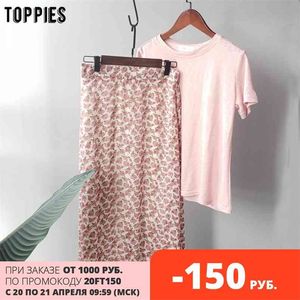 Verão bonito rosa conjunto coreano moda dois pedaços de algodão casual slim t - shirts saias de cintura alta 210421