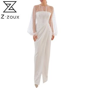 女性のドレスメッシュパッチワーク視点ランタンスリーブプロムエスプラスサイズホワイトロングサマーファッション210524