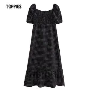 Vintage Black Polka Dot Midi Dress Sexig Square Collar Wrap Puff Sleeve Front Split Robe 210421