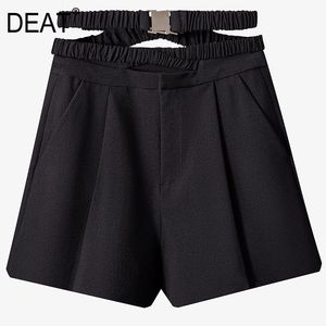 {DEAT} Kvinnor Svart Fällor Kors Bayonet Bälte Wide Ben Shorts Hög midja Slim Fit Trousers Fashion Tide Sommar 7D1220 210421