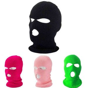 Winter Warme Vollgesichtsabdeckung Motorrad Ski Maske Hut 3 Löcher Balaclava Armee Taktische CS Winddicht Strickmützen Hut Schal Masken Y21111