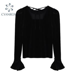 Fransızca Vintage Siyah Kadın Bluz Dantel-up Tasarım Flare Uzun Kollu Gömlek Veya Zarif Flanel Parti OL ULZZang Blusas 210417