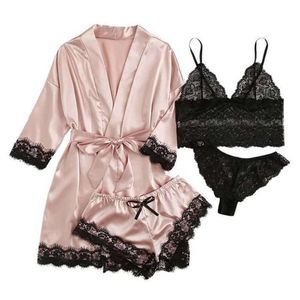 Spitze Satin Frauen Pyjamas Schlaf Robe 4 stücke Set Mode Stil Zu Hause Kleidung Anzug Damen Sexy Bh Shorts Unterwäsche