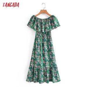 Tangada Moda Mulheres Verde Flores Imprimir Off Should Beach Vestido Vintage Ladies Ruffles Long Dress 3A60 210609