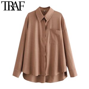 Traf Women Fahsion överdimensionerad kontroll Asymmetriska bloues vintage långärmad knapp-up kvinnliga skjortor blusas chic toppar 210415