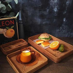 Hand-Woven Storage Basket Rattan Tray Wicker Baskets Bread Plate Fruit Food Breakfast Snack Display Box Home Decoration 210609