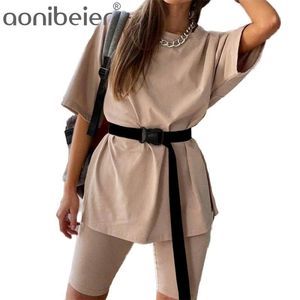 Aonibeier Women Sports Suits Summer Casual Home Loose Tee + Stretch Biker Shorts Two Piece Set Female Outfits With Belt 210721