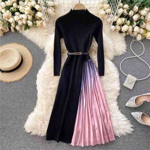 Women Office Work Dress Spring Autumn Long Sleeve High Waist with Blet Patchwork Pleats es Ladies Elegant Midi 210525