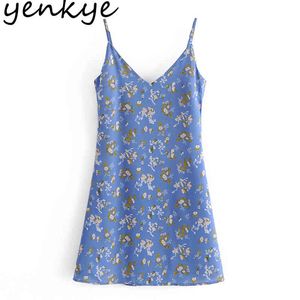 Vintage Floral Print Wakacje Summer Beach Sukienka Kobiety Sexy Bez Rękawów V Neck A-Line Sling Szyfon Krótka Szata 210430