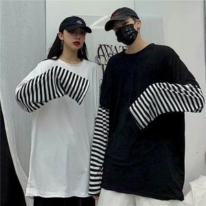 E-BAIHUI T-shirt Harajuku T-shirt da donna Top da uomo Casual Camicia da coppia Impuntura a pannelli Righe Manica lunga Hip Hop Falso Due pezzi Plus Top moda YT607