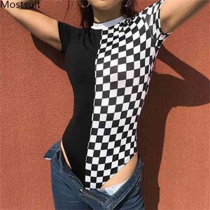 Checkerboard Bodysuit Kvinnor Sommarfjäder Skinny Sexig Kortärmad Plus Storlek Vintage Streetwear 210513