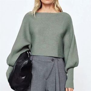 Woman Sweater Sexy Loose Slash neck Batwing Sleeve Army Green Jumper Spring Clothes 210430