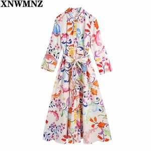 Kvinnor Mode med bälte Blommigryck Midi Dress Vintage Tre Kvartär Äreve Button-up Kvinna Klänningar Muje Chic Robe 210520