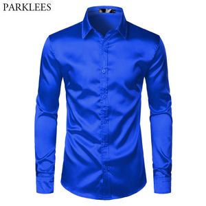 Royal Blue Silk Satin męska 2019 Luxury Brand New Slim Fit Mens Dress Wedding Party Koszulki Mężczyzna Casual Casual Shirt Bluzka P0812