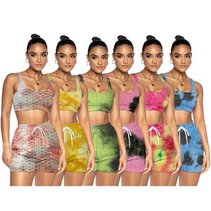 Summer Women sexy tie dyes tracksuits crop tops shorts piece sets sleeveless tank top yoga suits plus size XL jogging suit clothing