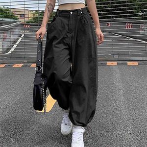 Casual Solid Baggy Kaki Harem Pantalon Femmes Pantalon Lâche Boucle Réglable Taille Haute Noir Pantalon De Jogging Capris Streetwear 210510