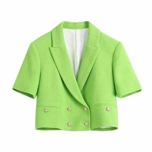 Casual Women V Neck Double Breasted Jacket Summer Fashion Ladies High Street Female Textured Cropped Blazer 210515
