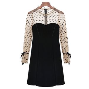 Women Black Stand Collar Polka Dot Mesh Patchwork Velvet Bow Long Sleeve Empire A-line Mini Dress Female Spring D2445 210514