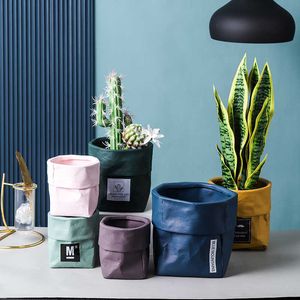 Kraft Paper Bag Shape Ceramic Flower & Plant Pot Nordic Industrial Style Colorful Succulent Planter With Hole 210615