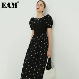 [EAM]女性黒刺繍長い気質ドレスラウンドネックショートパフスリーブルースファッションスプリングサマー1DD8729 21512