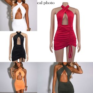 Simenual Drawstring Halter Neck Party Dresses Ruched Bandage Hot Sexig Club Night Födelsedag Outfit Kvinnor Skinnig Mini Sommarklänning X0629