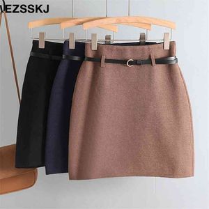 Wiosna Jesień Retro A-Line Ołówek Mini Spódnica Kobieta Moda Wysoka Talia Slim Solid Color Badycon Dzianiny Krótki 210629