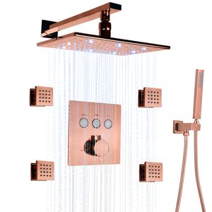 Roségoldenes Duschkopf-Set, 20,3 x 30,5 cm, luxuriöses Badezimmer, thermostatische LED-Massage, Regenspray, Dusche, Spa
